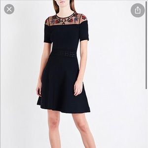 Sandro dress - black floral and bird embroidered knitted dress, size 2